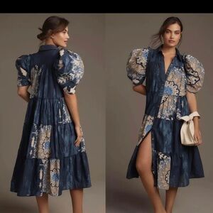 Anthropologie x Let Me Be puff sleeve patchwork shirt dress in size XXS